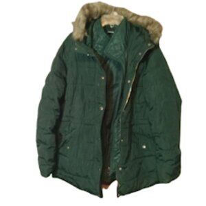 womens XL forest green quilted puffy parka with lined fur trim hood